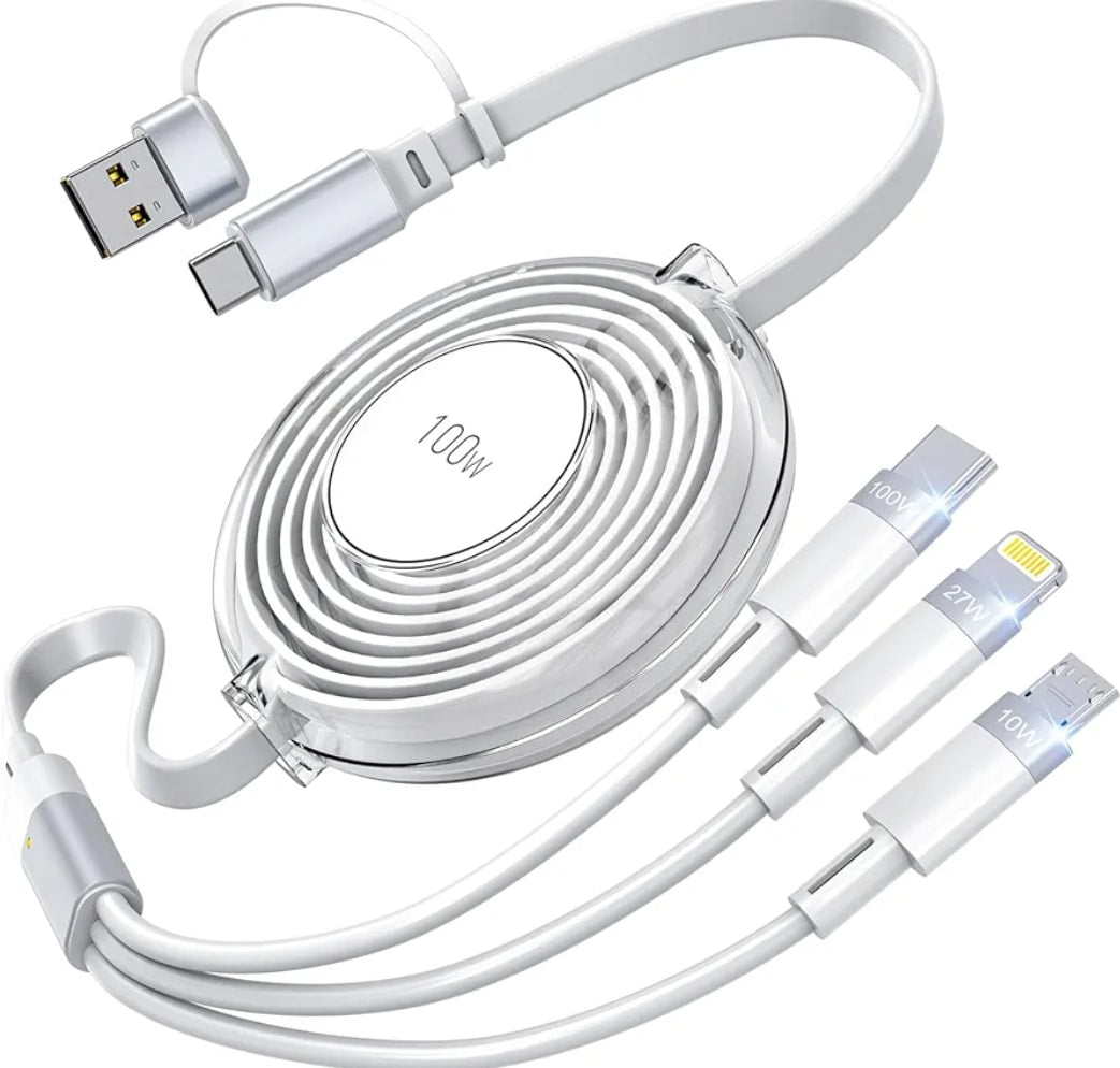 Cable de carga múltiple 3 en 1 retráctil 100 W Carga rápida USB C