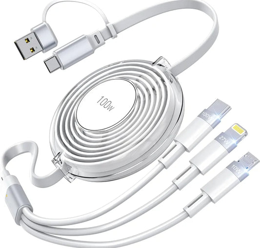 Cable de carga múltiple 3 en 1 retráctil 100 W Carga rápida USB C