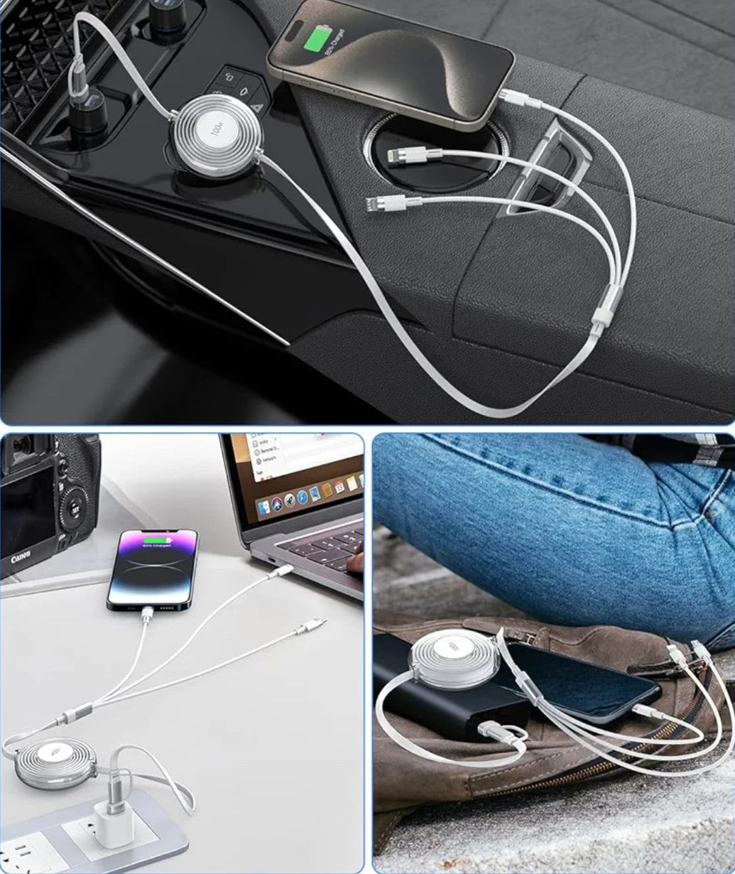 Cable de carga múltiple 3 en 1 retráctil 100 W Carga rápida USB C