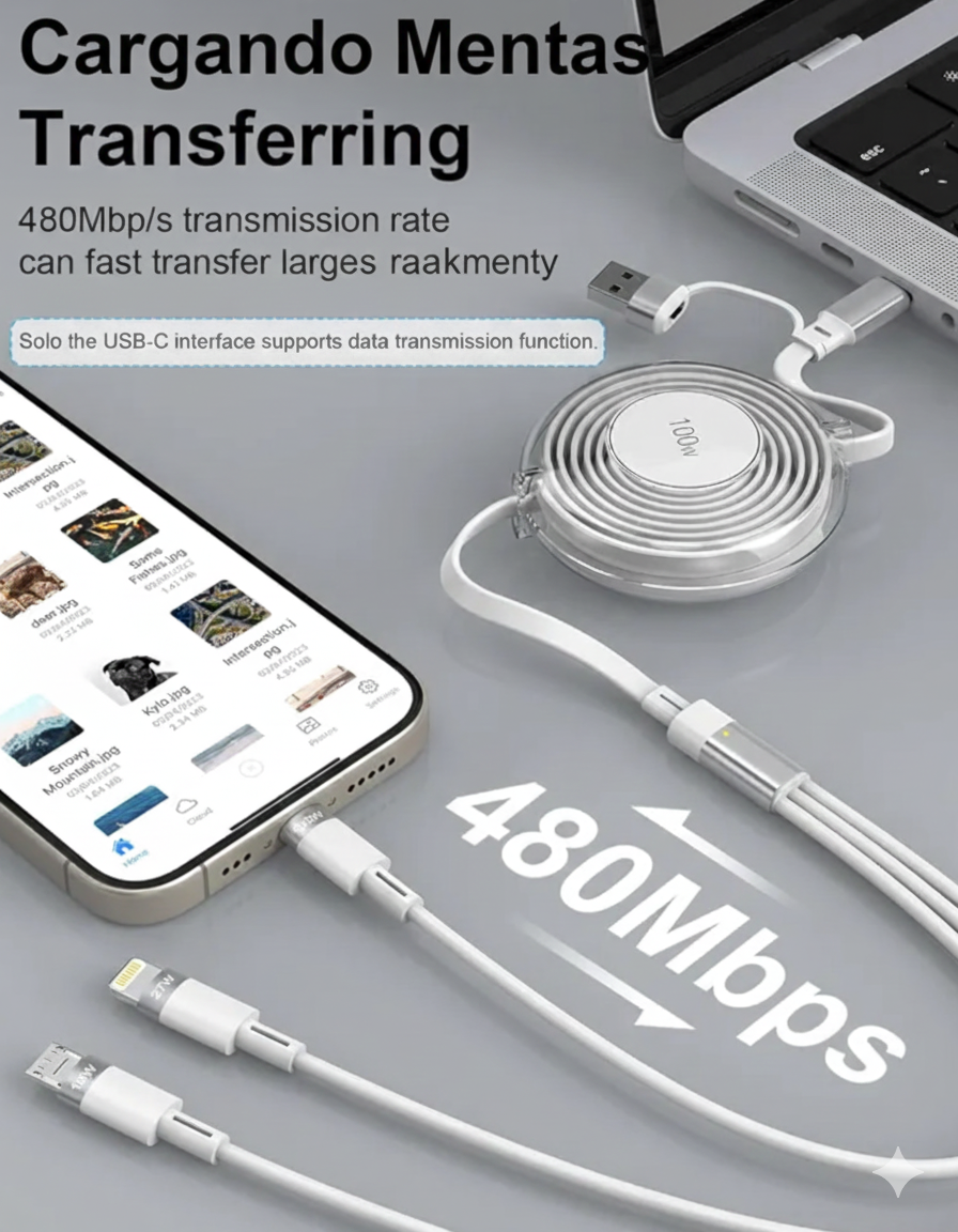 Cable de carga múltiple 3 en 1 retráctil 100 W Carga rápida USB C